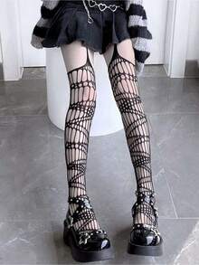 1 Pair Of Spider Web Suspenders, High Tube Hollow Mesh Socks, Long Tube Knee High Suspender Socks, Hollow Socks, Suitable For Daily Parties - màu đen - Xem 4