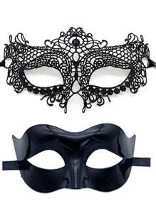 2 Peças Máscara de Casal de Renda Preta e Plástico para Festa de Máscaras, Adequada para Homens e Mulheres Participarem de Baile de Máscaras, Festa de Halloween