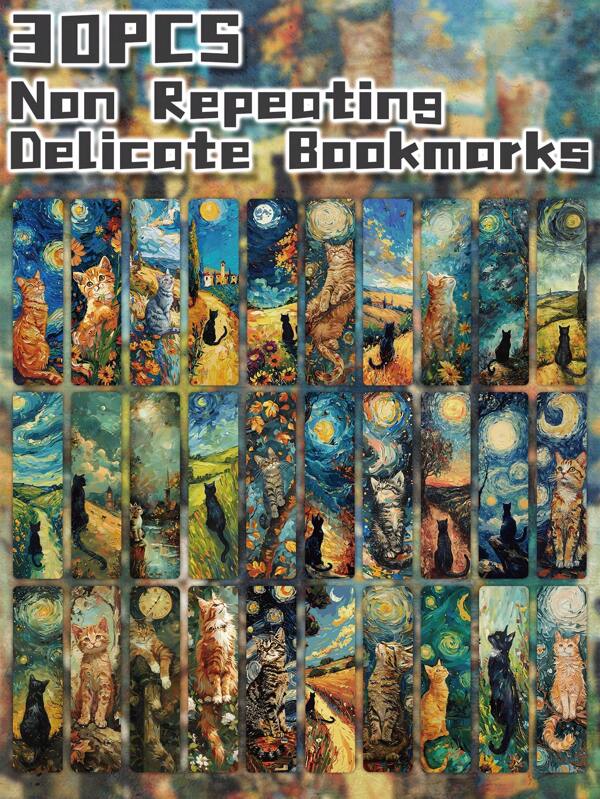 30pcs Oil Painting Cats Themed Non-Repeating Delicate Bookmarks For Back To School Season Gift Christmas Halloween Gift Holiday Gift Book Decorative Cards Class Reward Reading Label Stationery Gifts For Book Club Readers Writers Book Lovers School Office Supplies Students Teachers