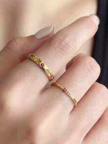 2件套彩色立方氧化锆镀金防水星形戒指套装，珠宝礼品