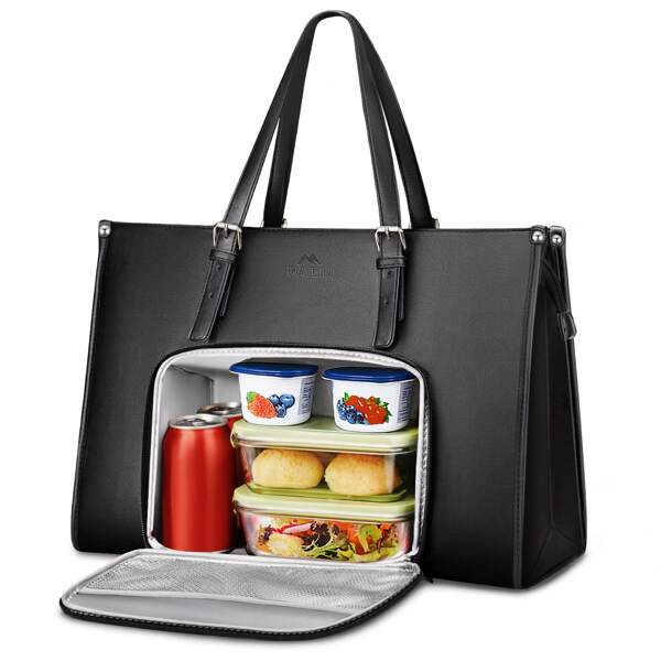 15.6inch Laptop Tote Bag For Women,Lunch Bag With Insulated Leakproof Lunch Compartment, 15.6 Inch PU Leather Briefcase With Adjustable Handles, Stylish Work Laptop Handbag For Office, School, Travel, Daily Commute, Back To School Bag, Gift For Teachers, Professionals, And Students – Black