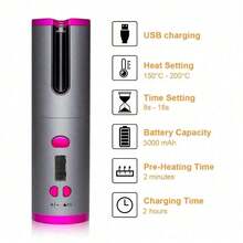 Rizador de pelo inalámbrico, rizador automático portátil recargable por USB con varilla cerámica giratoria, herramienta de peinado - Gris - Ver 4