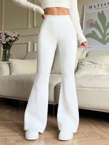 女士高腰纯色喇叭裤，修身运动瑜伽压缩喇叭裤，弹力舒适休闲长裤，适合跳舞和瑜伽，女士夏季春季休闲装 - 白色 - 查看 4