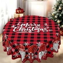 1 pieza Mantel de poliéster con tema navideño, diámetro redondo de 145cm (57.08 pulgadas), rectangular de 140x180cm (55.11 pulgadas x 70.87 pulgadas), mantel con gnomos navideños y cuadros escoceses rojos, decoración central de mesa navideña, decoración para ambiente de fiesta navideña y reunión familiar