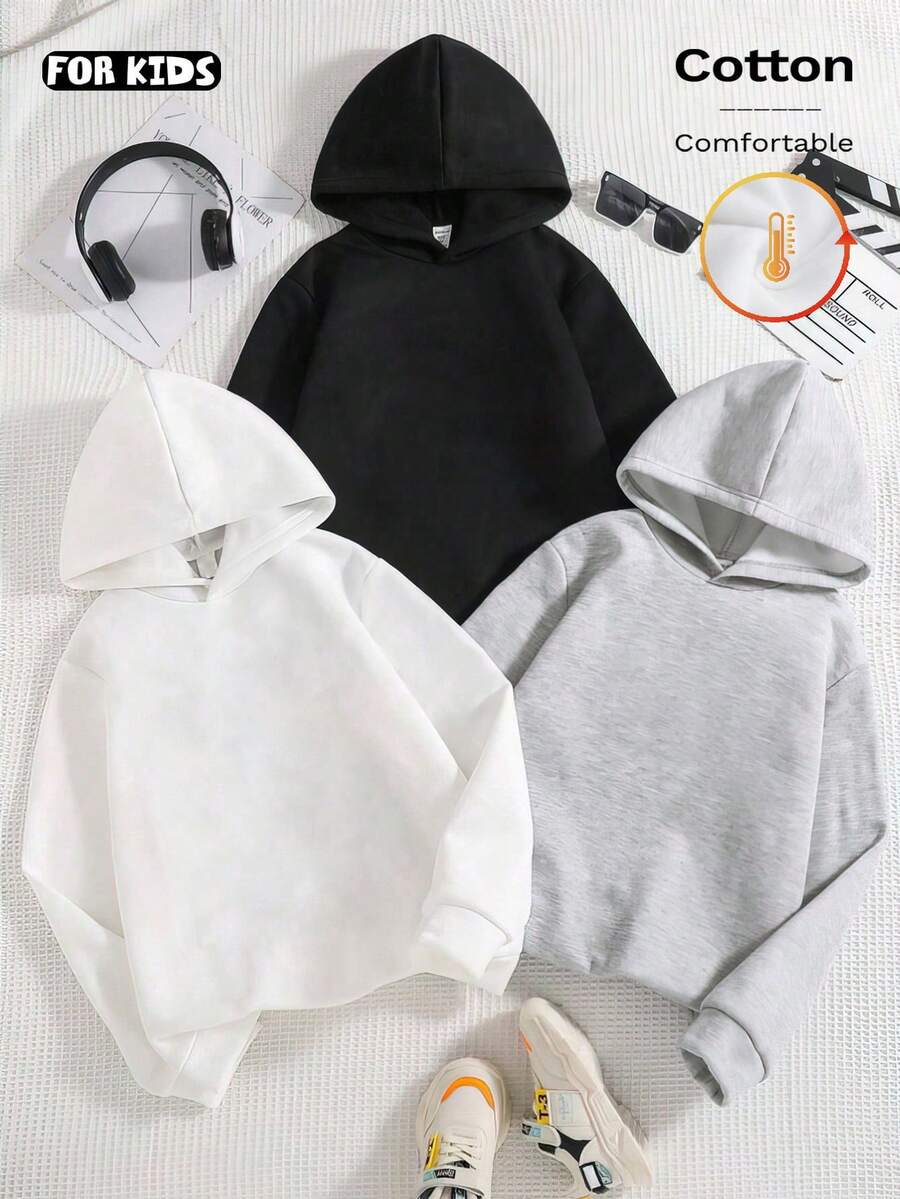 Neues dreiteiliges Set mit Oberteilen für Mädchen in Volltonfarbe, mit überschnittenen Schultern aus Baumwolle, bequeme, übergroße Curve-Größe, lässiger, vielseitiger Hoodie für Frühling und Herbst, Rundhalsausschnitt, lockere Kinderkleidung im Street-College-Stil, Fall für Frühling und Herbst, weiche lange Ärmel, neue Serie