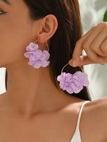 一对优雅波西米亚风花卉布艺流苏耳环，适合作为女士派对和节日礼物，圆形创意花卉耳环，时尚派对配饰（由于拍摄角度不同，可能存在色差） - 紫色 - 查看 2