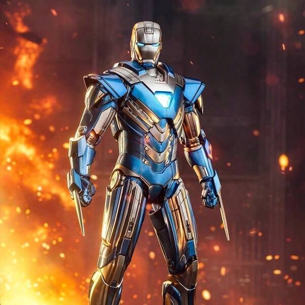 Hasbro Figura de acción de Marvel Iron Man autorizada oficialmente, escala 1:10, de 7 pulgadas de altura, con efecto de llama simulada, base de exhibición y caja de regalo premium, mercancía coleccionable premium, diseño oficial de Marvel Studios