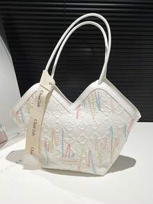 女士时尚纯色大容量单肩托特包，配围巾，适合购物、钱包、年轻女性、大学生、新婚夫妇、办公室女士。非常适合办公室、大学、工作、商务、通勤、户外活动、旅行和野餐 - 白色 - 查看 6