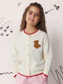 Girls' Letter & Bear Knitted Cardigan Sweater, Autumn/Winter