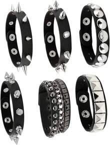 Eigso 3 Pcs Leather Punk Bracelets Men Women Of Rock Rivet Wrap Retro Spike Bracelet Adjustable - Black-6 Pcs 3 - View 1