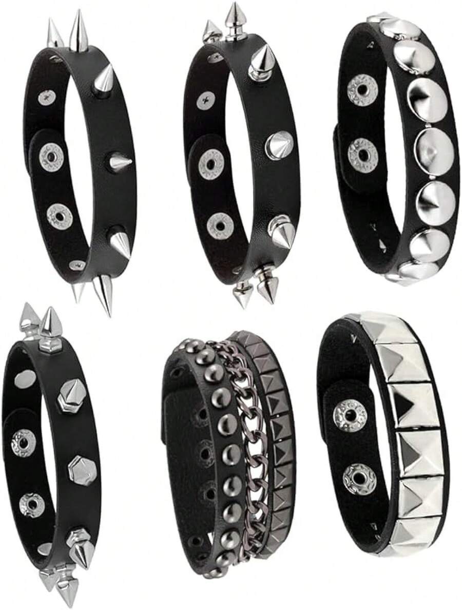 Eigso 3 Pcs Leather Punk Bracelets Men Women Of Rock Rivet Wrap Retro Spike Bracelet Adjustable - Black-6 Pcs 3 - View 1
