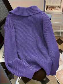 Women's Casual Fashion Turndown Collar Button Knitted Long Sleeve Cardigans, Autumn/Winter - Purple - View 2