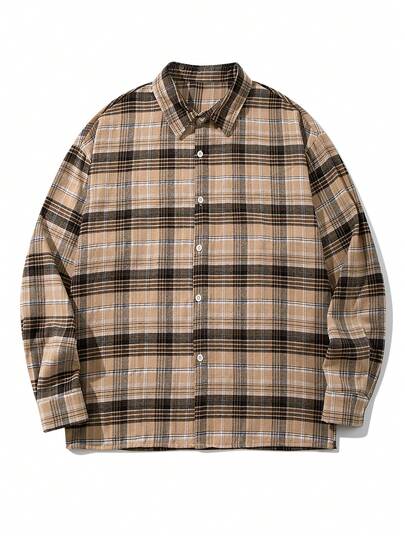 Camisa casual unisex con cuello vuelto, manga larga, hombro caído, patrón de cuadros, corte holgado, apta para primavera, verano, otoño e invierno, diseño clásico de marca, cierre con botones