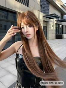 SHUDUO 1 件亚麻棕色合成耐热直发假发，由适合日常佩戴的纤维制成，自然逼真的假发（不含配件）