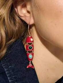 Brincos com Padrão de Peixe, Design Retrô Espanhol, Brincos Pingente com Design em Formato de Peixe e Acabamento em Esmalte, Personalizado, Luxo Leve e Temperamento Generoso