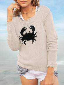 Women Lobster Graphic Knit Sweater Y2k Long Sleeve Crew Neck Oversized Pullover Warm Sweaters Fall Winter Knitwear - Màu be - Xem 3