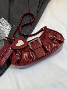 1pc Women's Vintage Mad Max Punk Wanderer Motorcycle Bag With Rivet Decoration, Adjustable Shoulder Strap, Large Capacity, Soft Faux Oil Wax Gradient Color, One Shoulder Underarm Bag, Baguette Bag, Square Bag, Suitable For Work, Commute, Date, Party - Burgundy - View 8