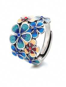 1 pieza Anillo ajustable abierto de estilo bohemio vintage con esmalte cloisonné floral, adecuado para uso diario de mujer, regalo de cumpleaños para familia y amigos (el color hecho a mano puede diferir ligeramente de la imagen) - Plata antigua - Ver 2