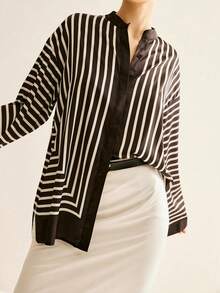 女士时尚优雅休闲条纹衬衫 - 黑與白 - 查看 5