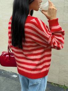 GLOpass Women's Autumn/Winter Y2K Striped Texture Casual Fashion Knit Cardigan, Striped Contrast Button Front Sweater Top