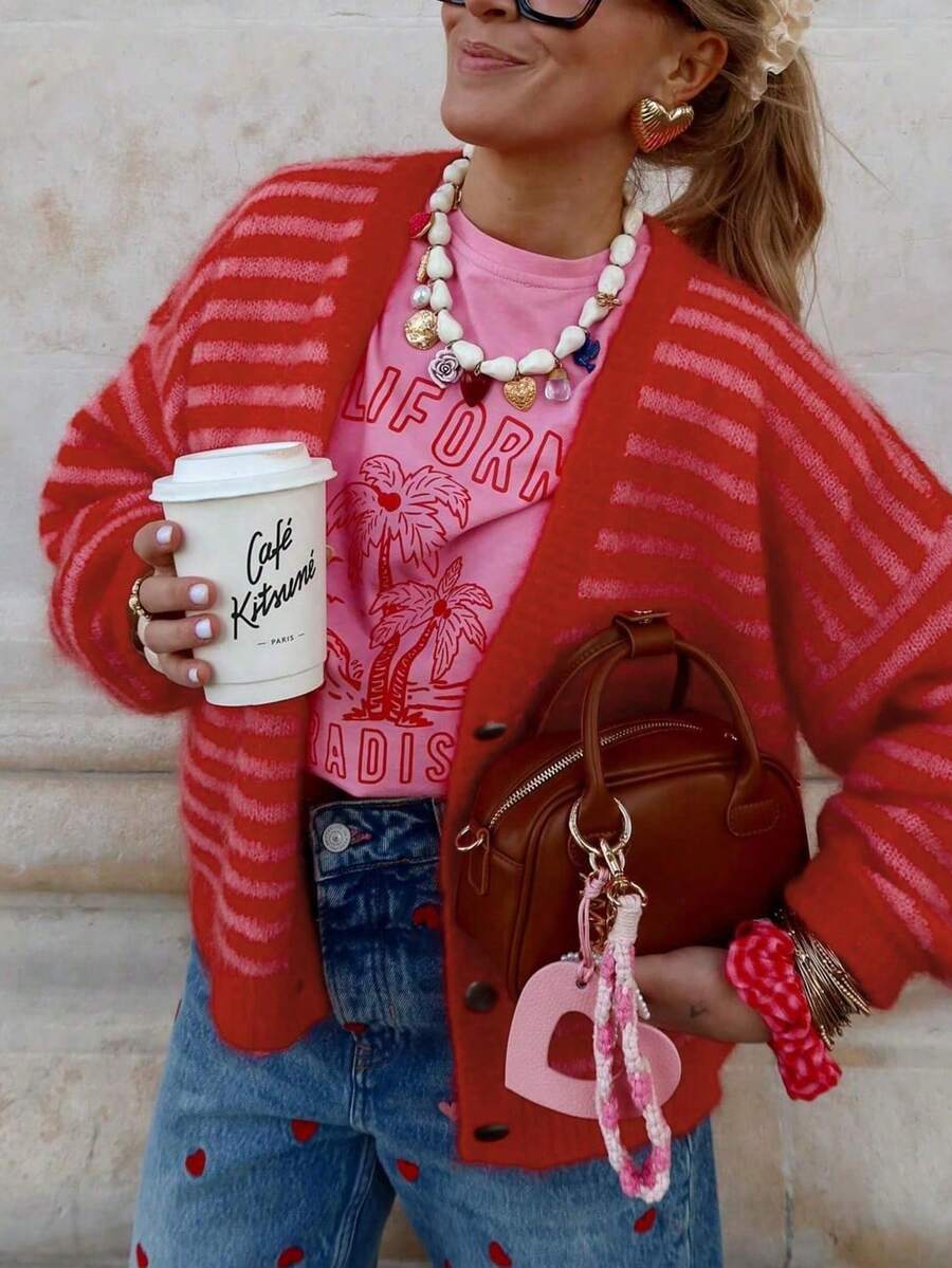 GLOpass Women's Autumn/Winter Y2K Striped Texture Casual Fashion Knit Cardigan, Striped Contrast Button Front Sweater Top