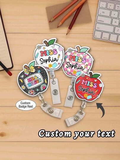 1pc Personalized Teacher Badge Reel, Custom ID Holder Apple Badge Reel, Retractable Badge Reel, Teacher Appreciation Gift, Back To School Gift,There Are 4 Colors And 3 Sizes To Choose From