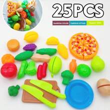 Marphy 25pcs Educational Realistic Fruits & Vegetables Play Kitchen Toys, Kitchenware Cooking Pretend Food Set, Thick Materials, Cutting & Assembling For Kids Play