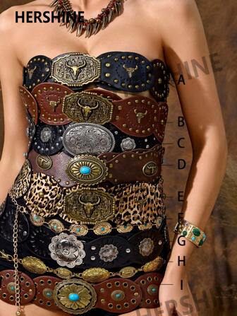 Hershine One Piece Set Of 2025 New Fashionable And Durable Western Style Hollow PU Leather Women's Belt, Western Cowboy Cowgirl Bohemian Style Retro Countryside Belt, Versatile Decoration, Business And Leisure. A Solid Color Belt With Polka Dots, Metal Bull Heads, Turquoise, Flowers, And Compass Decorations, Paired With Fashionable Metal Buckles