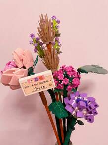 1 Box Miniature Building Blocks Artificial Flowers Bundle Diy Unique Decor For Home, Plant Series, Suitable As Home Decoration, Girlfriend's Gift, Mother's Day Gift, Birthday Gift, Toy, Lavender And Pink Rose Room Decoration
