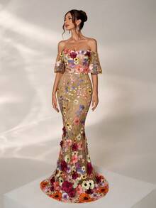 Elisanya Váy dạ hội dài trễ vai, hở vai, thêu hoa 3D sang trọng, lãng mạn, thanh lịch, trang trọng cho khách dự tiệc cưới, tiệc sinh nhật - Nhiều màu - Xem 5