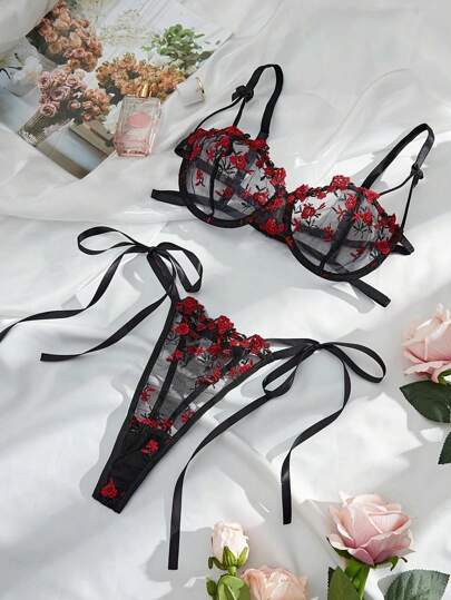 Verleidelijke Geborduurde Bloemen See Through BH Side Tied String Lingerie Set, Rave view 4