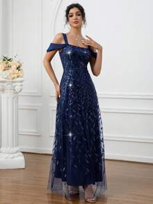 女式深蓝色刺绣露肩A字长款闪亮派对生日连衣裙 - 寶藍色 - 查看 6