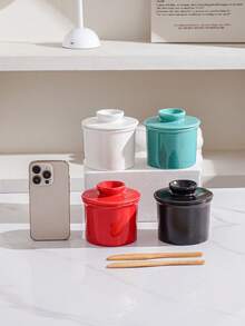 1 Set Ceramic Round Butter Dish With Lid & Wooden Spoon, Nordic Style Minimalist Solid Color Ceramic Butter Pot, Cheese Storage Container, Kitchen & Dining Ceramic Butter Dish With Lid & Wooden Butter Knife