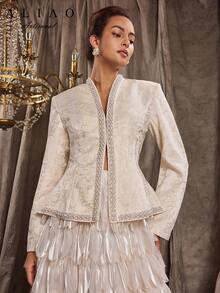 A&A 精致串珠蕾丝拼布提花收腰 V 领开衩下摆西装外套、舞会套装、优雅日常穿着和商务休闲夹克、婚礼宾客礼服、复古风格、端庄、婚礼季、情人节装扮、秋冬、白色派对活动、老派风格、宫廷风格 - 杏色 - 查看 5