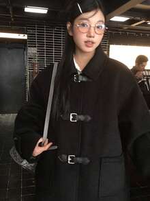 Black Polo Collar Wool Blend Coat, High-Quality Outerwear For Women, Autumn/Winter - Black - View 4