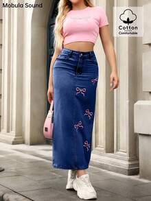 Mobula Sound 中东春夏 Y2K 青春性感音乐节学生学院百搭休闲度假时尚服饰可爱蝴蝶结刺绣紧身牛仔中裙 - 深藍 - 查看 4