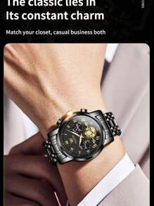 OLEVS. OLEVS 顶级男士手表陀飞轮风格时尚原创石英表 3Bar 防水运动月相表夜光计时码表男士礼物 - 黑色 - 查看 7