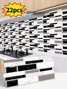 22 pezzi Adesivi per piastrelle da parete in marmo, piastrelle decorative in PVC a strisce bianche e nere, pannello posteriore impermeabile per cucina, facile da installare, molto adatto per decorazione di pareti di cucina, soggiorno, bagno e stanze
