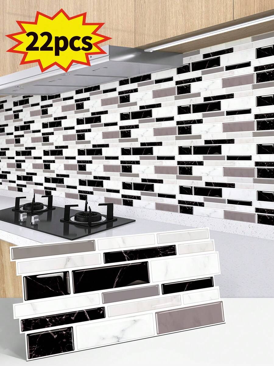 22 pezzi Adesivi per piastrelle da parete in marmo, piastrelle decorative in PVC a strisce bianche e nere, pannello posteriore impermeabile per cucina, facile da installare, molto adatto per decorazione di pareti di cucina, soggiorno, bagno e stanze