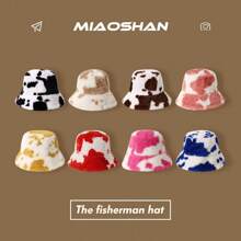 1pc Cow Print Fluffy Retro Bucket Hat, Thickened Warm Winter Hat, Versatile Korean Style For Women