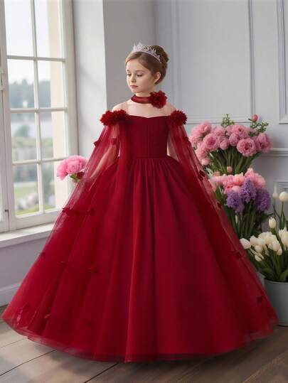 Vestido de princesa largo de tul con flores 3D para niñas preadolescentes, elegante y lujoso vestido formal adecuado para baile escolar, baile de graduación, fiesta de noche (diadema no incluida)
