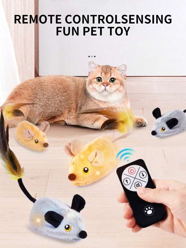 1 pieza Juguete eléctrico automático de ratón amarillo para entretener a los gatos, juguete interactivo controlado por control remoto para gatos, ratón de peluche móvil, juguetes para mascotas que se pueden mover para liberar la naturaleza depredadora de tu gato, recargable por USB con luz LED
