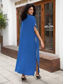 蓝色刺绣长袍，女士家居服 - 藍色 - 查看 2