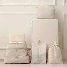 7 Piece Luggage Organizer Set, Travel Packing Cubes With Laundry Bag, Compression Shoe Bags, Clothes & Underwear Storage Bags, Unisex Design - Beige - View 4