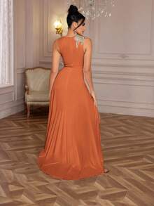 女士优雅正式晚礼服，高开衩设计，饰有3D立体贴花，高端品质，适合派对、婚礼宾客、春季晚宴等场合。 - 橘色 - 查看 6