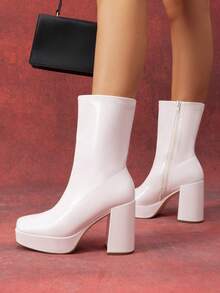Women's Chunky Platform Mid-Calf Boots Waterproof Square Toe Fashionable Lightweight Comfort Elegant Bright Solid Color Side Zipper Classic For Parties Dress Festival Ankle Go Go White Boots - 白色 - 查看 8