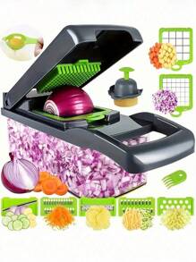 16pcs Complete Vegetable Slicer Kit, Multi-Function Kitchen Food Chopper, Salad Maker, Manual Vegetable Grater With Container, Interchangeable Blades For Onion, Potato, Kitchen Tools, Kitchen Gadgets, Great For Party, Holiday, Birthday