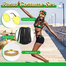 3pcs Rasta Set, Authentic Jamaican Dreadlocks Wig Hat With Yellow Glasses Braided Bracelet, Caribbean Fancy Dress Costume For Party Masquerade Cosplay Halloween - Multicolor - View 4