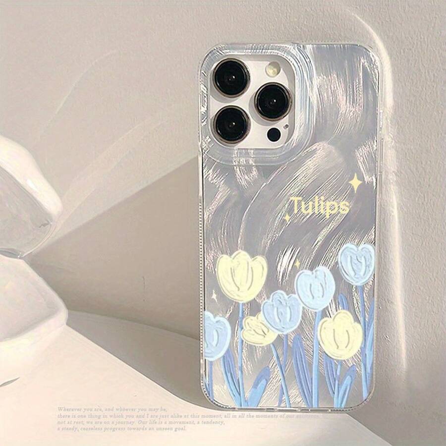 Funda para teléfono con diseño de tulipán, de gasa transparente, compatible con phone 16, 15, 14, 13, 12 Pro, 16, 15, 14 Plus, 13, 12, 11 Pro/X/XS Max. - Plateado - Ver 1