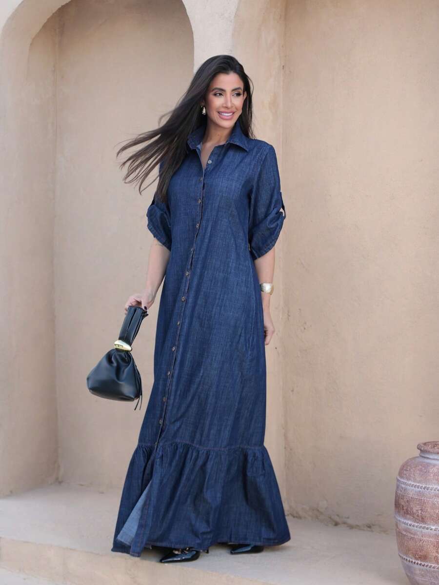 Simple Casual Denim Dress Buttons Front Ruffle Hem Feminine Button Formal & Evening Holiday Beach - Rửa tối - Xem 1